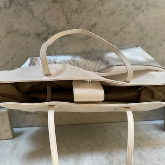 TALBOTS Leather White Silver Large Tote Bag NWOT - Picture 3 of 16